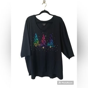 Catherines Sequin Christmas Tree Three-Quarter Length Sleeve Top Size 3X 26/28 W